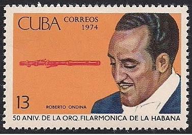 Sello dedicado a Roberto Ondina en la serie sobre el aniversario de la Filarmónica de La Habana